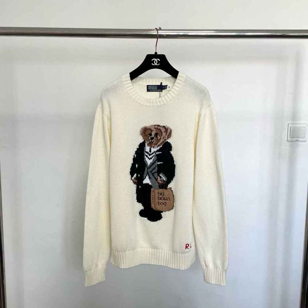 Polo Ralph Lauren Big Brown Bog Polo Bear Cream Knit Sweater